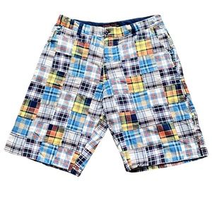Koman Jeans men's Madras Plaid Patch Style Shorts size XXL Waist 38-41